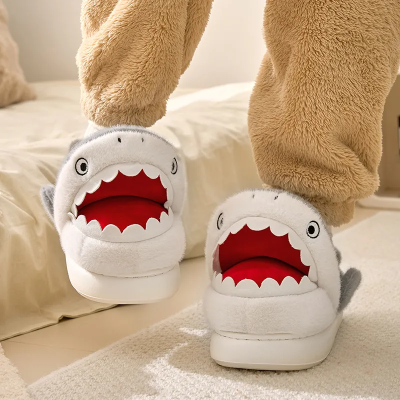 Yu Pu Cartoon Shark Cotton Slippers Winter Indoor Mules Fleece Lined Warm Home Padded Shoes-3