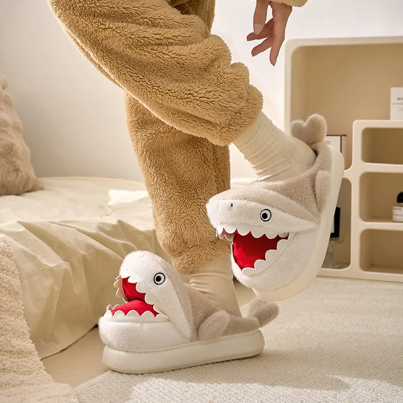 Yu Pu Cartoon Shark Cotton Slippers Winter Indoor Mules Fleece Lined Warm Home Padded Shoes-6