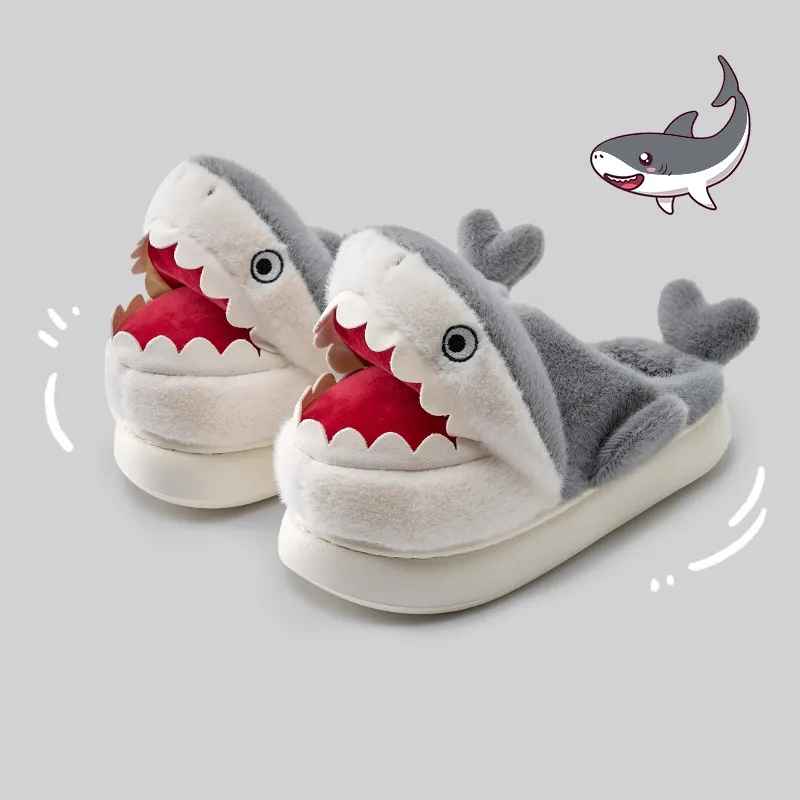 Yu Pu Cartoon Shark Cotton Slippers Winter Indoor Mules Fleece Lined Warm Home Padded Shoes-1