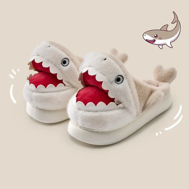 Yu Pu Cartoon Shark Cotton Slippers Winter Indoor Mules Fleece Lined Warm Home Padded Shoes-5