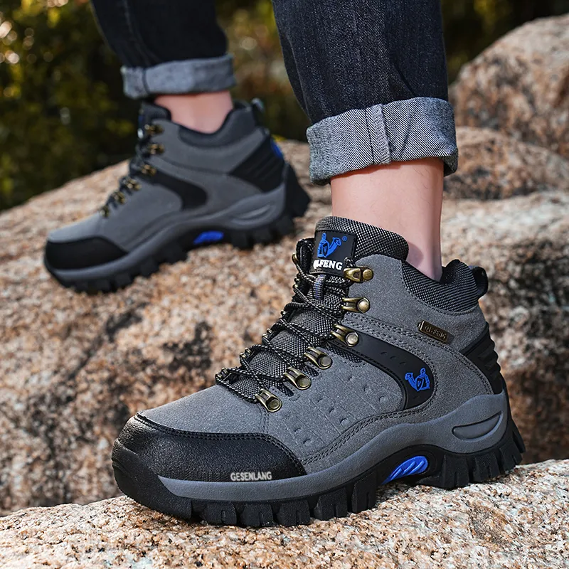GESENLANG Anti Slip Wear Resistant Water Resistant Impact Resistant Mid Top Trekking Shoes Men's Gray-7