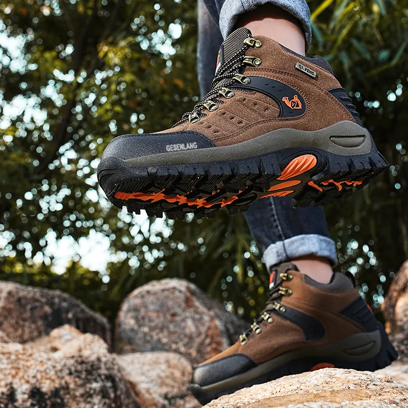 GESENLANG Anti Slip Wear Resistant Water Resistant Impact Resistant High Top Hiking Shoes Men's Dark Green-5