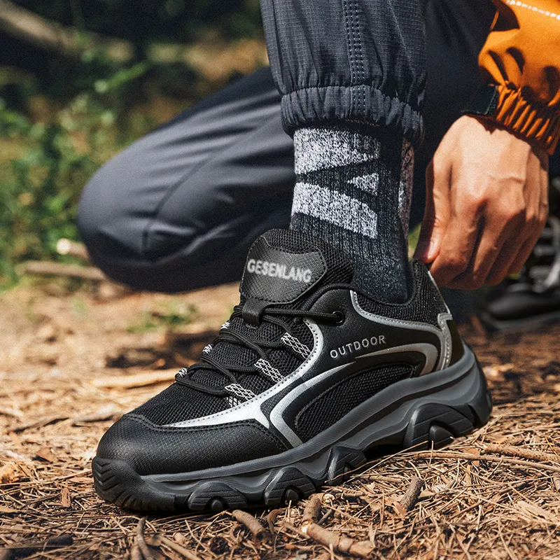 GESENLANG Cushioned Slip Resistant Breathable Low Top Trekking Shoes Men's Black-3