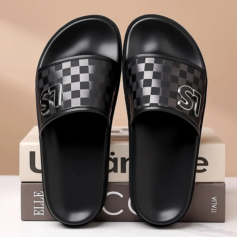 GESENLANG PU Polyurethane Rubber Sole Composite Sole Slip Resistant Odor Resistant Slide Slippers Men's Black-3