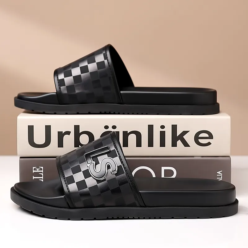 GESENLANG PU Polyurethane Rubber Sole Composite Sole Slip Resistant Odor Resistant Slide Slippers Men's Black-4