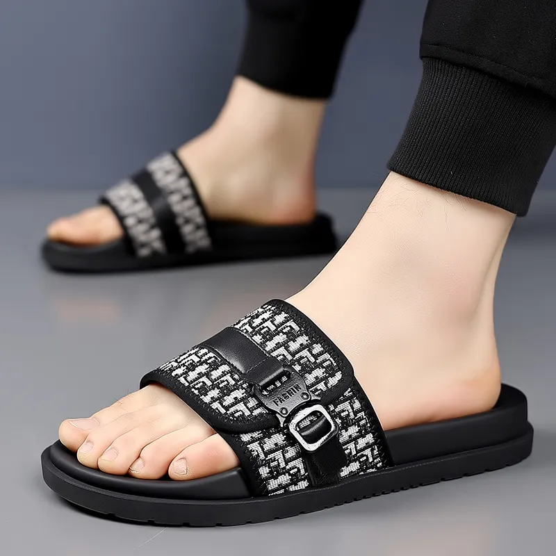 GESENLANG Rubber Sole PU Polyurethane Slip Resistant Abrasion Resistant Slide Slippers Men's Black-3