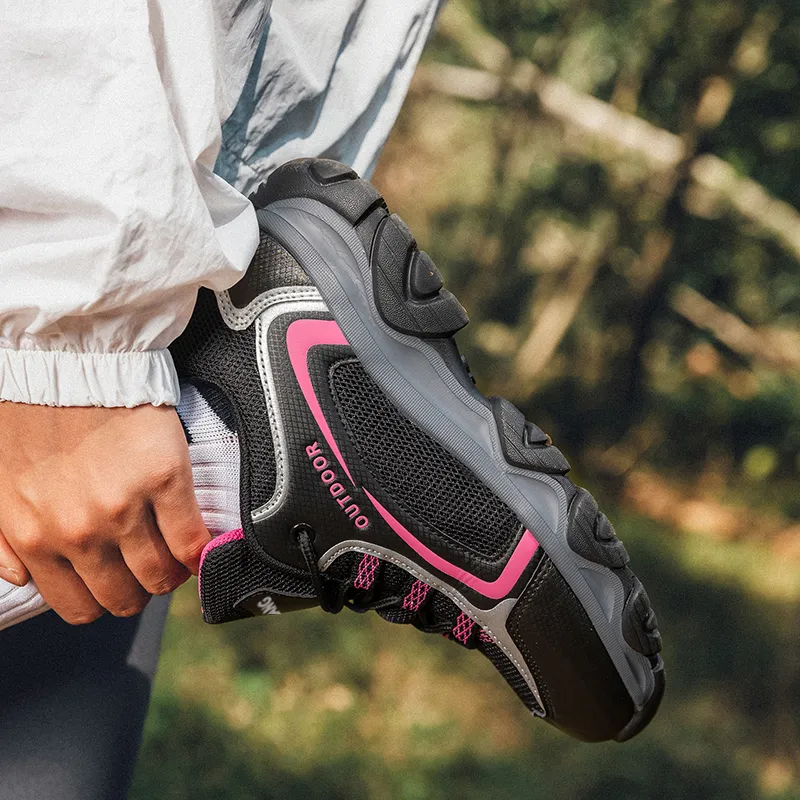 GESENLANG Cushioning Anti Slip Wear Resistant Breathability Low Top Trekking Shoes Women's Black Rose Red-4
