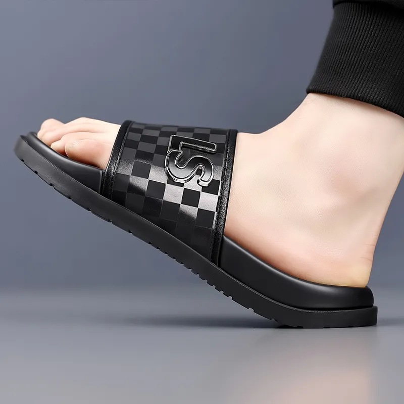 GESENLANG PU Polyurethane Rubber Sole Composite Sole Slip Resistant Odor Resistant Slide Slippers Men's Black-1
