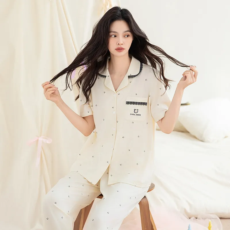 White Ran Pajama Set Women's Image Color-3