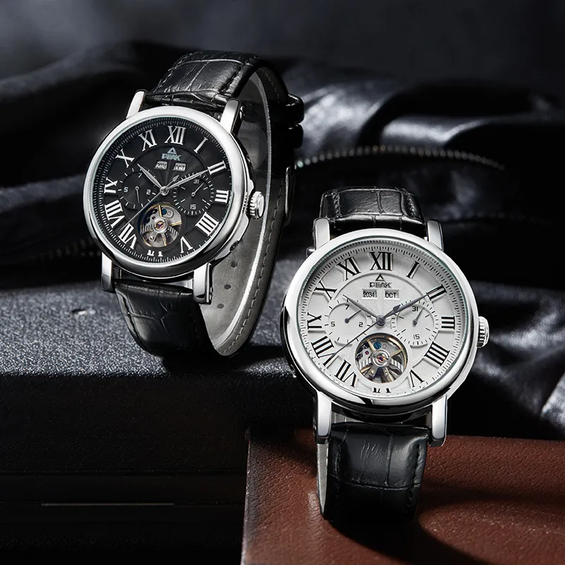 PEAK Mechanic Collection Automatic Mechanical Movement Genuine Leather Strap Watch Men's Watches Black Dial-4