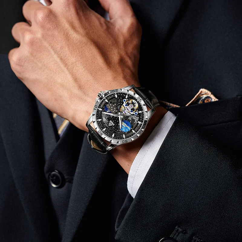PEAK Star Collection Automatic Mechanical Movement Leather Watch Bands Watch Men's Watches Black Dial-1