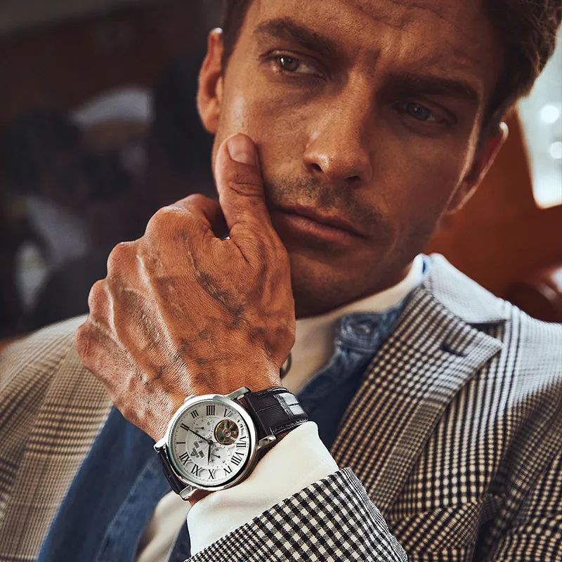 PEAK Mechanic Collection Automatic Mechanical Movement Genuine Leather Strap Watch Men's Watches Black Dial-7