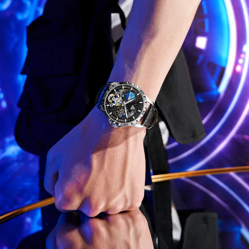 PEAK Star Collection Automatic Mechanical Movement Leather Watch Bands Watch Men's Watches Black Dial-2