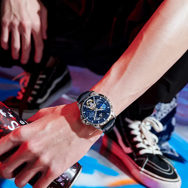 PEAK Star Collection Automatic Mechanical Movement Leather Watch Bands Watch Men's Watches Black Dial-6