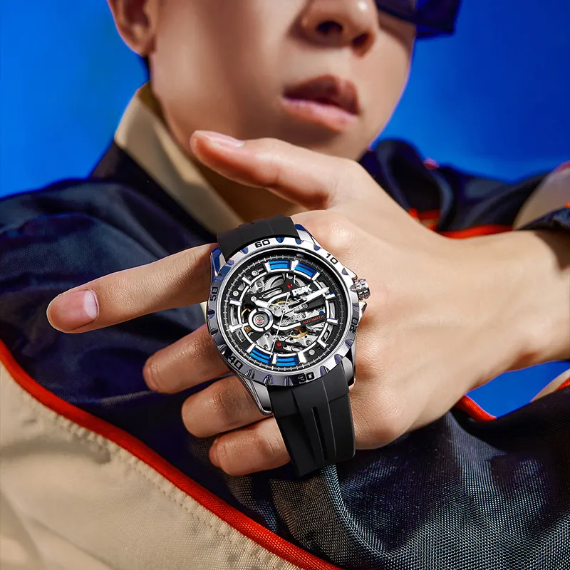 PEAK Explorer Collection Mechanical Movement Silicone Strap Watch Men's Watches Cut-Out Dial-1