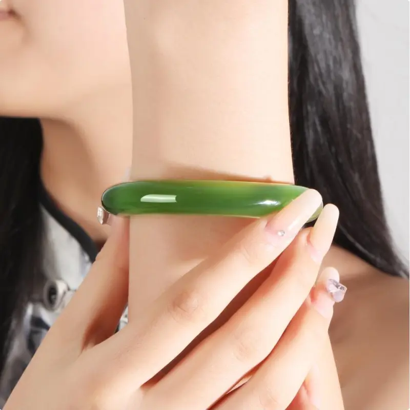 Artisan Lock Heart Jade Chalcedony Bangles Unisex-3