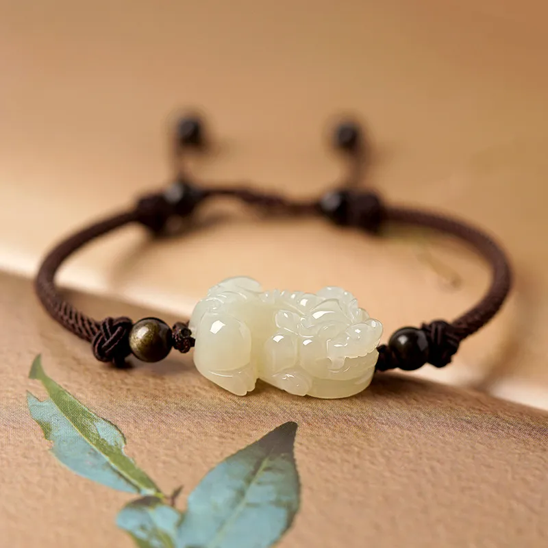 Artisan Lock Heart Jade Hetian Jade Bracelets Women's Pale Greenish White Jade-2