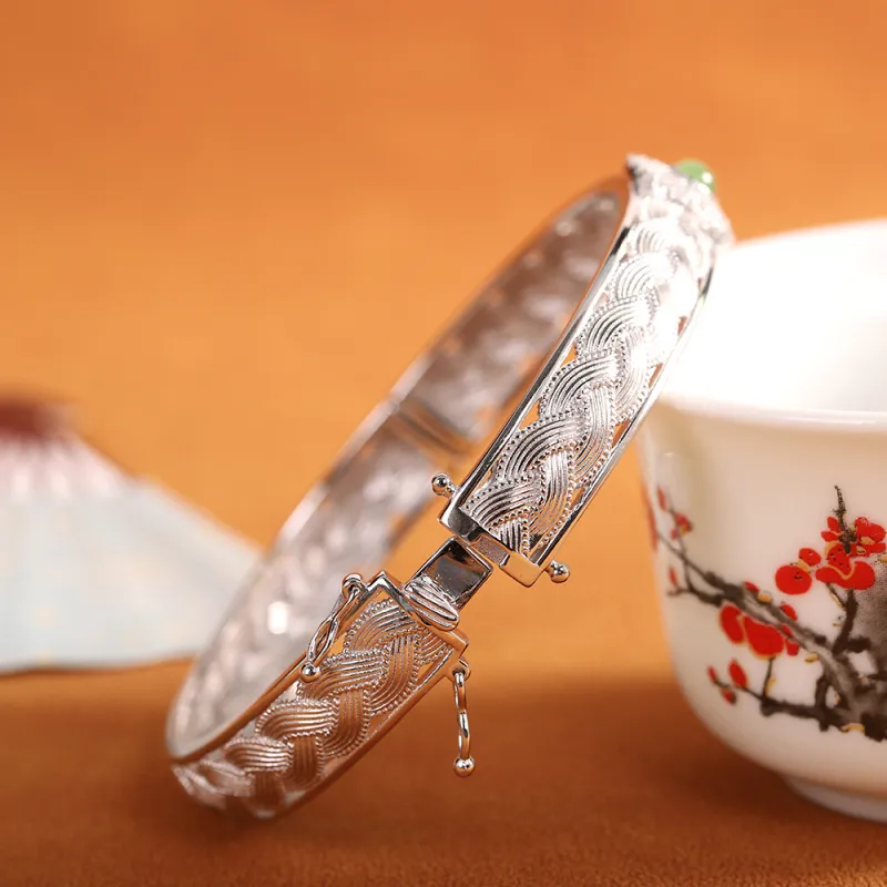 Artisan Lock Heart Jade Hetian Jade 925 Sterling Silver Hetian Jade Bangles Women's Jasper-41