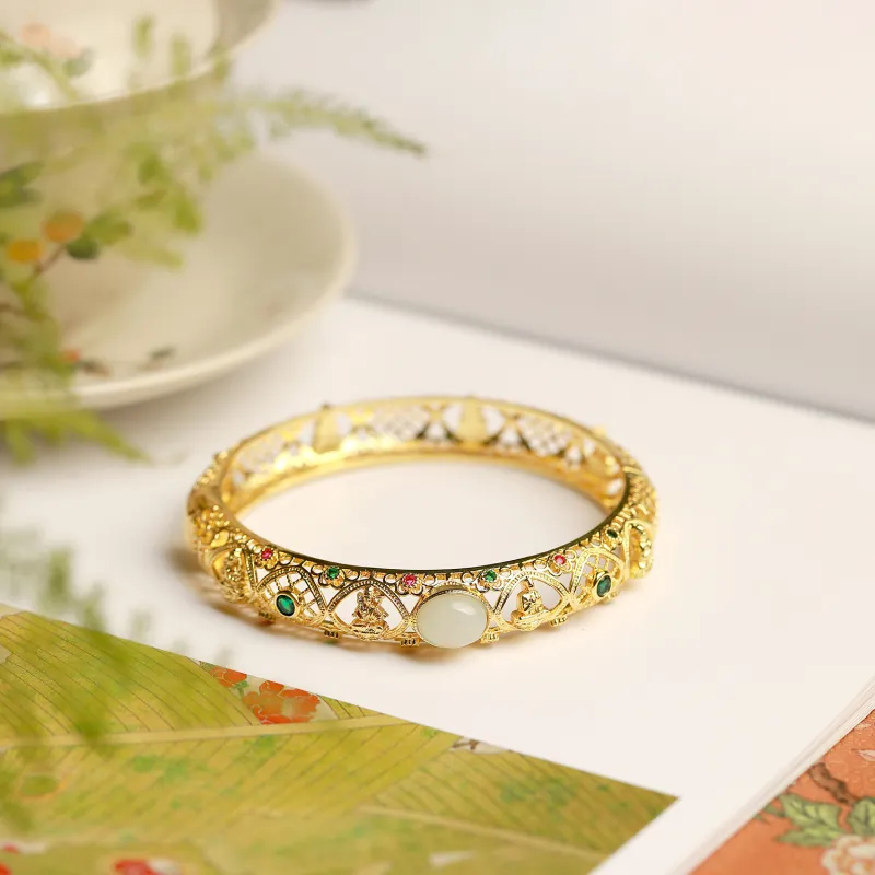 Artisan Lock Heart Jade Hetian Jade Bangles Women's Pale Greenish White Jade-4