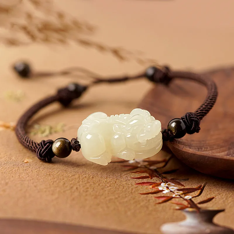 Artisan Lock Heart Jade Hetian Jade Bracelets Women's Pale Greenish White Jade-3