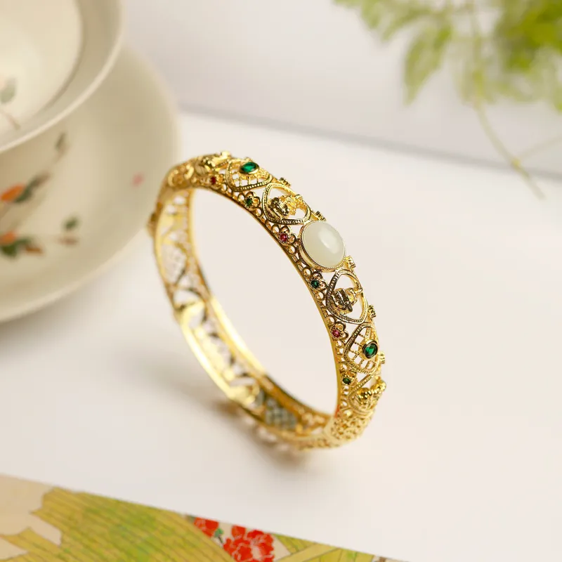 Artisan Lock Heart Jade Hetian Jade Bangles Women's Pale Greenish White Jade-3