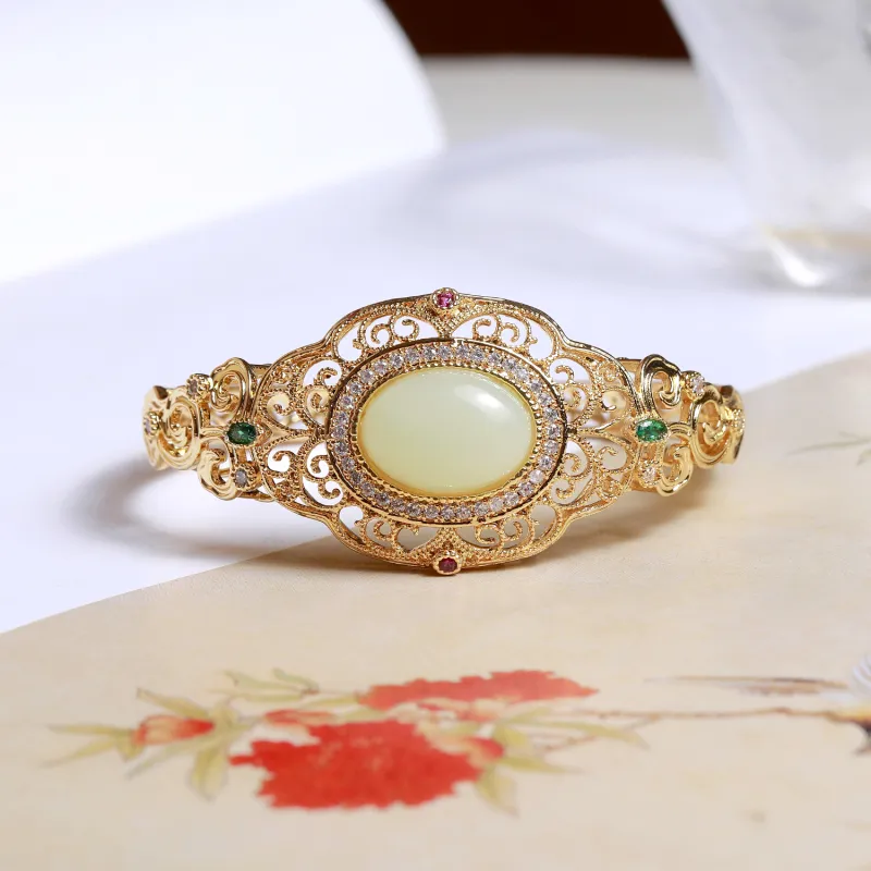 Artisan Lock Heart Jade Hetian Jade Bangles Pale Greenish White Jade Unisex-2