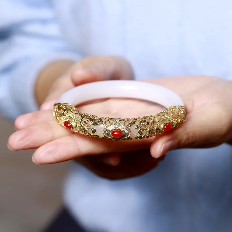 Artisan Lock Heart Jade Golden Silk Jade Bangles Unisex-2