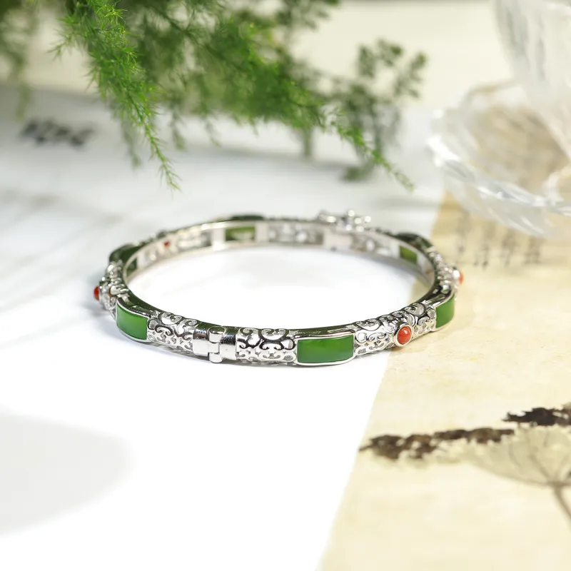 Artisan Lock Heart Jade Hetian Jade 925 Sterling Silver Hetian Jade Bangles Women's Jasper-5
