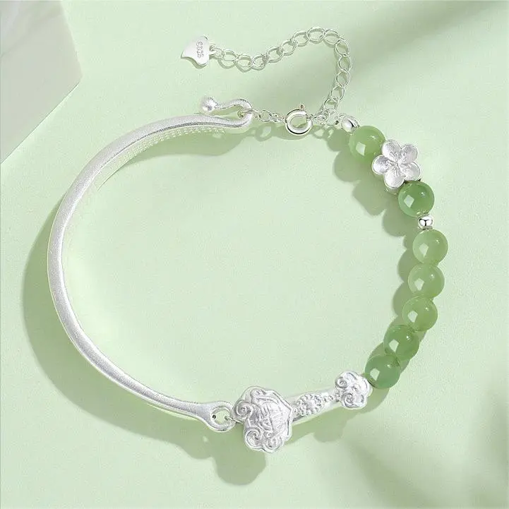 Artisan Lock Heart Jade Hetian Jade S999 Fine Silver Bangles Women's Pale Greenish White Jade-4
