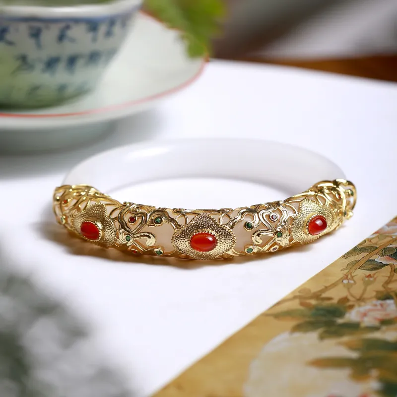 Artisan Lock Heart Jade Golden Silk Jade Bangles Unisex-3