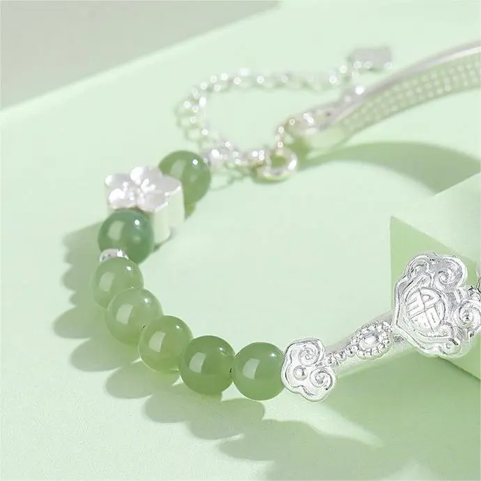 Artisan Lock Heart Jade Hetian Jade S999 Fine Silver Bangles Women's Pale Greenish White Jade-2
