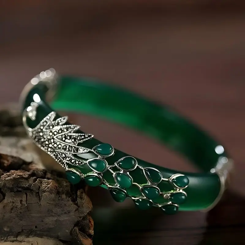 Artisan Lock Heart Jade Chalcedony Bangles Women's-2