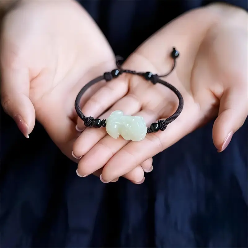 Artisan Lock Heart Jade Hetian Jade Bracelets Women's Pale Greenish White Jade-4