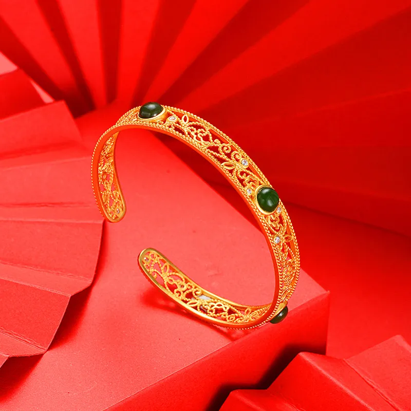 Artisan Lock Heart Jade Hetian Jade 925 Sterling Silver Hetian Jade Bangles Women's Jasper-44