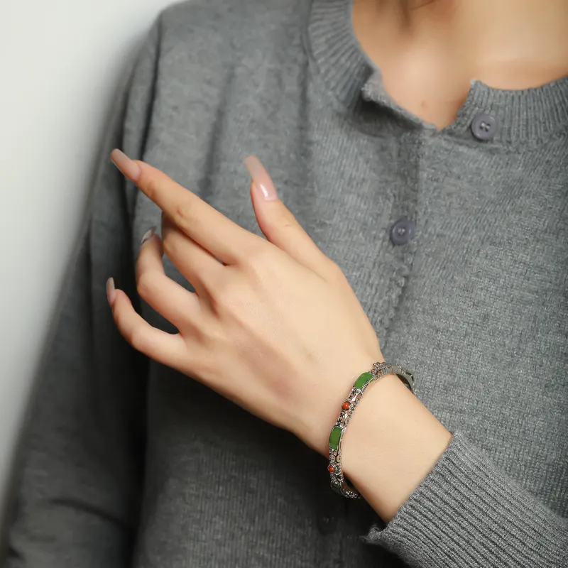 Artisan Lock Heart Jade Hetian Jade 925 Sterling Silver Hetian Jade Bangles Women's Jasper-7