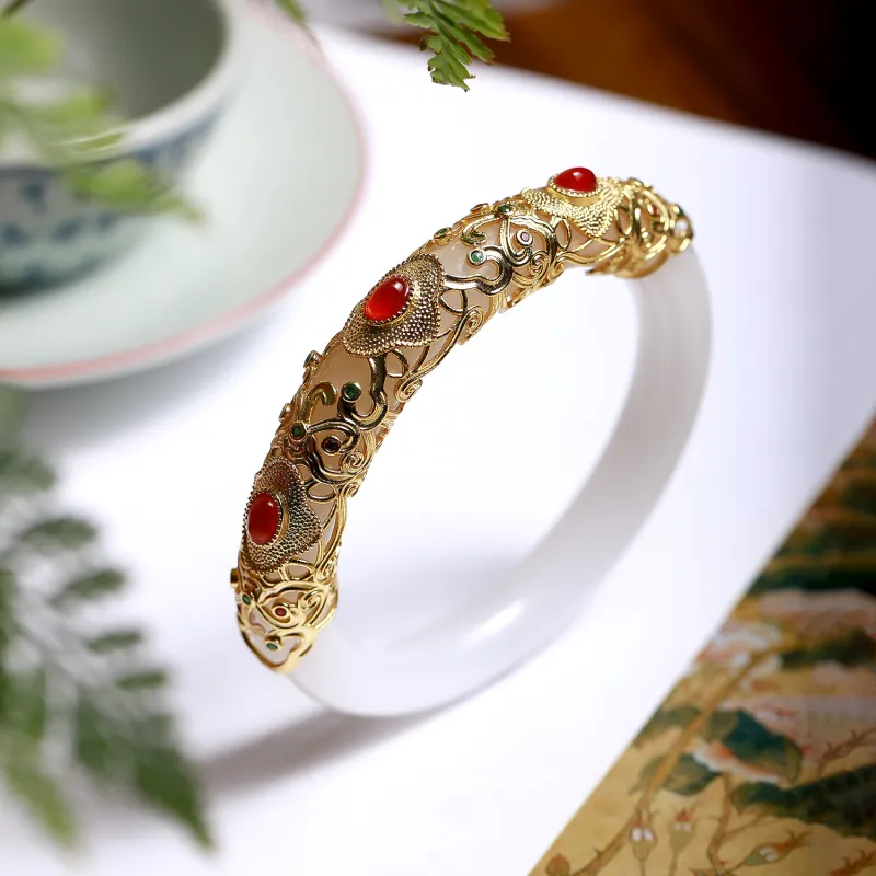Artisan Lock Heart Jade Golden Silk Jade Bangles Unisex-4