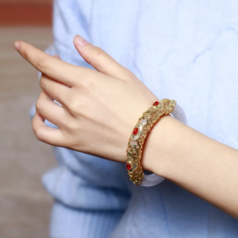 Artisan Lock Heart Jade Golden Silk Jade Bangles Unisex-1