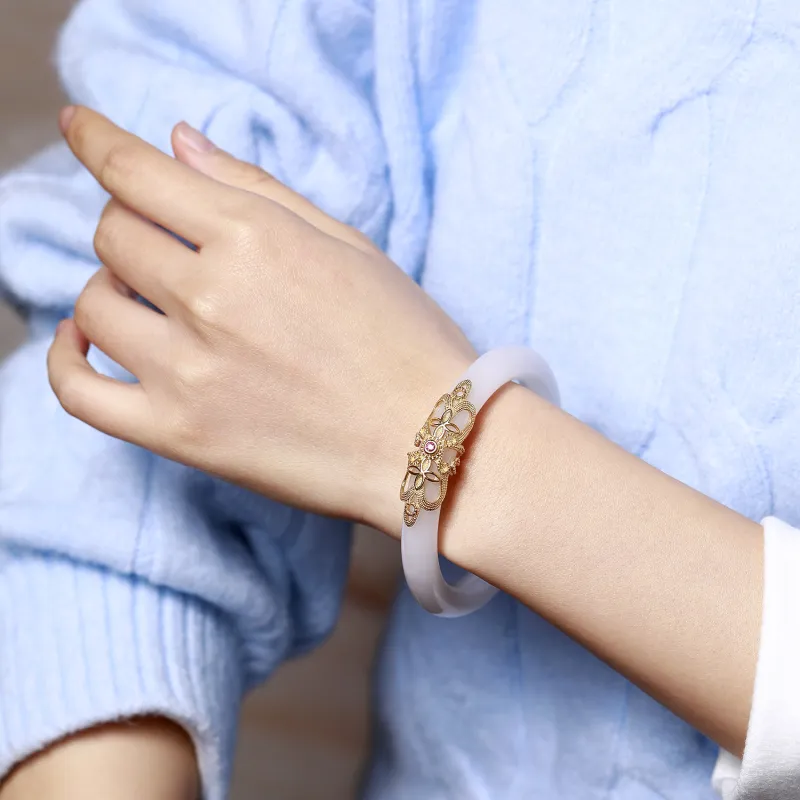 Artisan Lock Heart Jade Golden Silk Jade Bangles Women's-2