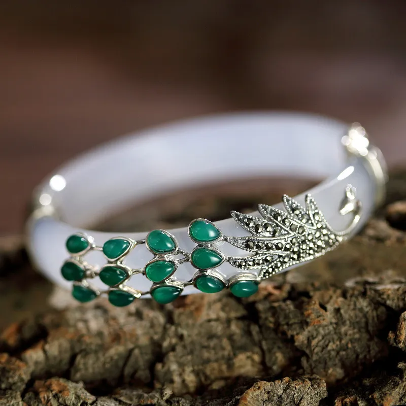 Artisan Lock Heart Jade Chalcedony Bangles Women's-2