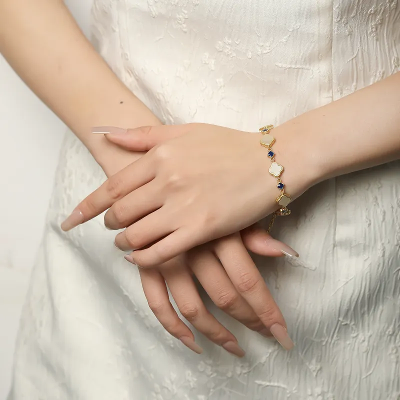Artisan Lock Heart Jade S925 Silver Hetian Jade Bracelets Women's Pale Greenish White Jade-4