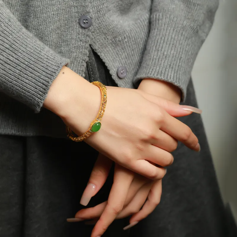 Artisan Lock Heart Jade Hetian Jade 925 Sterling Silver Hetian Jade Bangles Women's Jasper-21