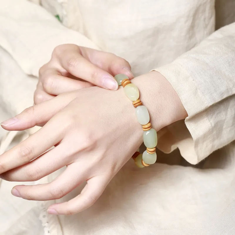 Artisan Lock Heart Jade Hetian Jade Bracelets Pale Greenish White Jade Unisex-4