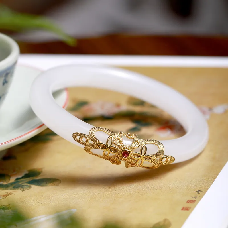 Artisan Lock Heart Jade Golden Silk Jade Bangles Women's-4