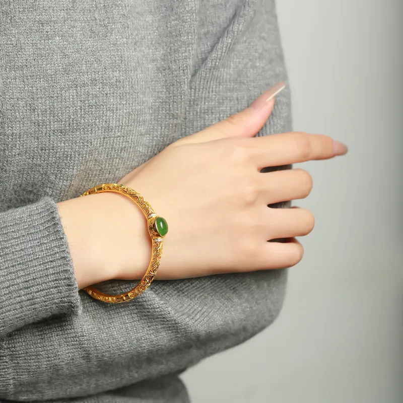 Artisan Lock Heart Jade Hetian Jade 925 Sterling Silver Hetian Jade Bangles Women's Jasper-20