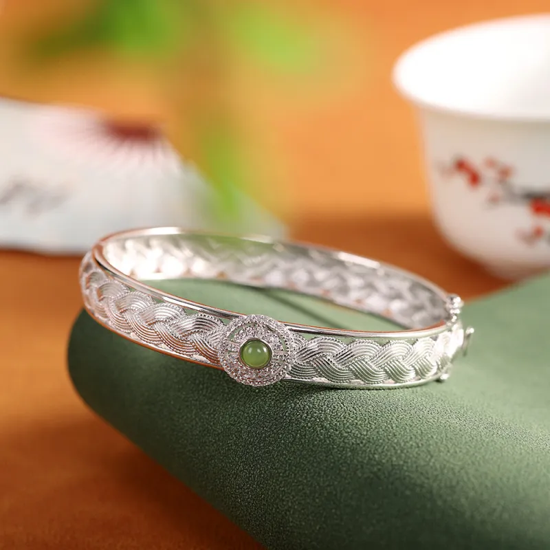 Artisan Lock Heart Jade Hetian Jade 925 Sterling Silver Hetian Jade Bangles Women's Jasper-39