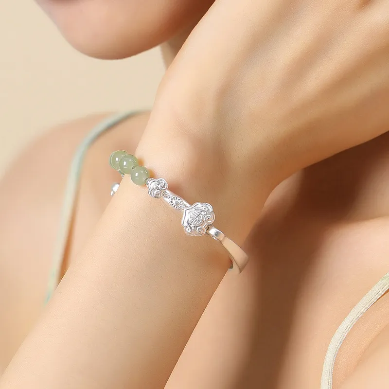 Artisan Lock Heart Jade Hetian Jade S999 Fine Silver Bangles Women's Pale Greenish White Jade-1