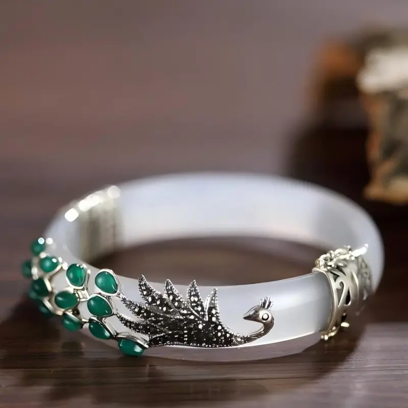 Artisan Lock Heart Jade Chalcedony Bangles Women's-4