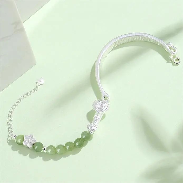 Artisan Lock Heart Jade Hetian Jade S999 Fine Silver Bangles Women's Pale Greenish White Jade-5