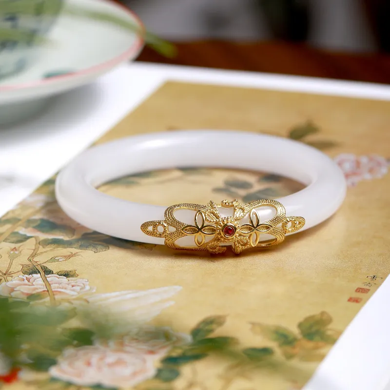 Artisan Lock Heart Jade Golden Silk Jade Bangles Women's-3