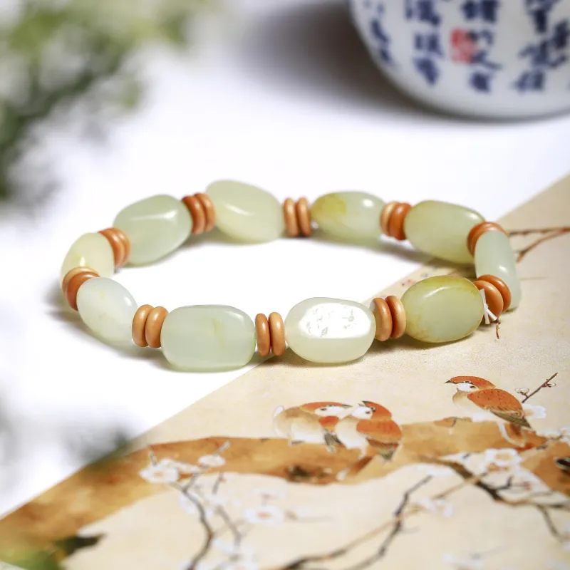 Artisan Lock Heart Jade Hetian Jade Bracelets Pale Greenish White Jade Unisex-1